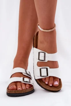 Online Klapki Damskie Na Korkowej Platformie Z Klamrami Białe Redore Damskie Klapki Korkowe|Klapki Na Platformie