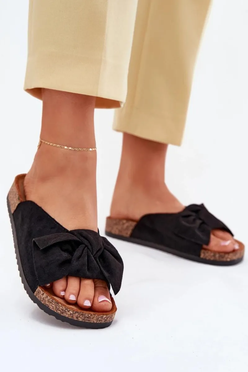Clearance Klapki Damskie Na Korkowej Podeszwie Kokardką Czarne Seressa Damskie Klapki Korkowe|Klapki Na Platformie