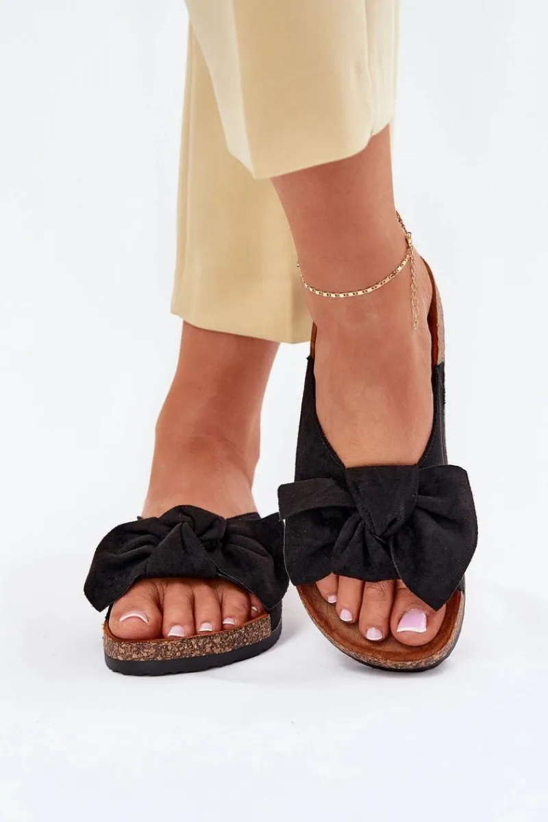 Clearance Klapki Damskie Na Korkowej Podeszwie Kokardką Czarne Seressa Damskie Klapki Korkowe|Klapki Na Platformie