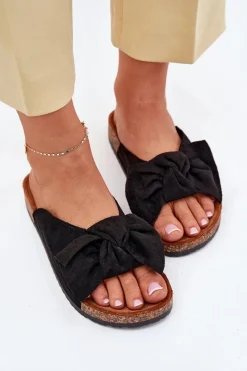 Clearance Klapki Damskie Na Korkowej Podeszwie Kokardką Czarne Seressa Damskie Klapki Korkowe|Klapki Na Platformie