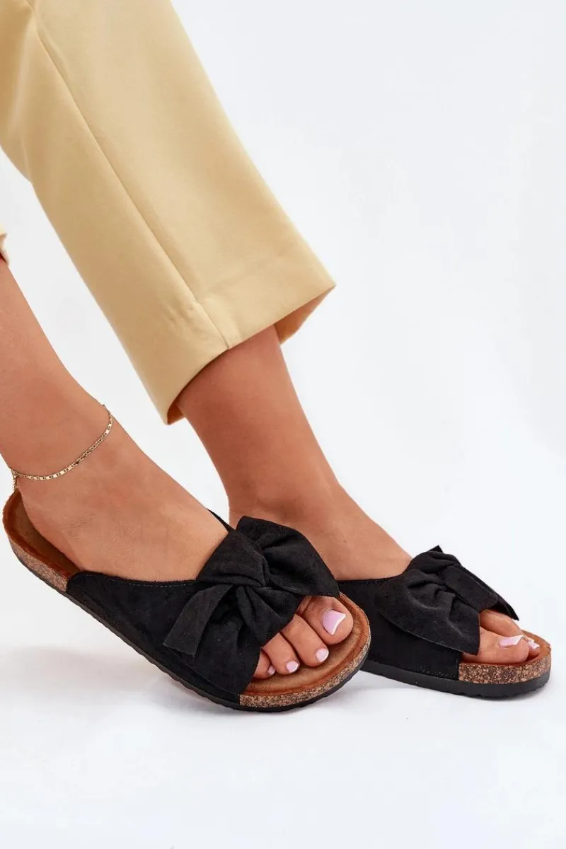 Clearance Klapki Damskie Na Korkowej Podeszwie Kokardką Czarne Seressa Damskie Klapki Korkowe|Klapki Na Platformie