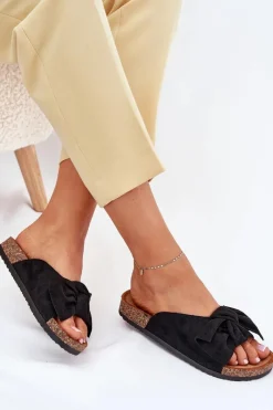 Clearance Klapki Damskie Na Korkowej Podeszwie Kokardką Czarne Seressa Damskie Klapki Korkowe|Klapki Na Platformie