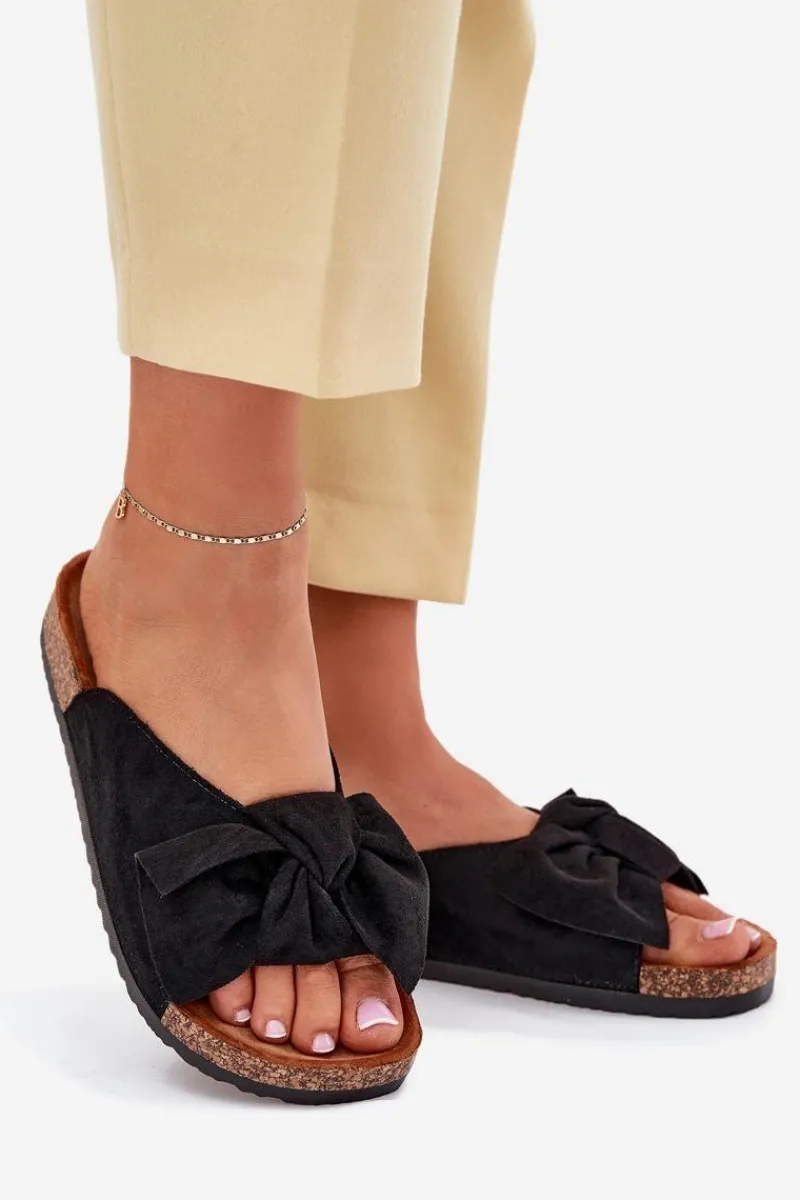 Clearance Klapki Damskie Na Korkowej Podeszwie Kokardką Czarne Seressa Damskie Klapki Korkowe|Klapki Na Platformie