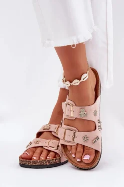 Clearance Boto Klapki Damskie Na Korkowej Podeszwie Z Klamrami I Przypinkami Jasnoróżowe Efadelis Różowy