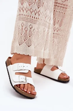 Hot Klapki Damskie Na Korkowej Platformie Klamry Białe Evisolla Damskie Klapki Korkowe|Klapki Na Platformie