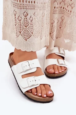 Hot Klapki Damskie Na Korkowej Platformie Klamry Białe Evisolla Damskie Klapki Korkowe|Klapki Na Platformie