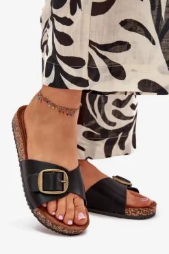 Online Boto Klapki Damskie Na Korkowej Platformie Z Klamrą Czarne Vianara Czarny