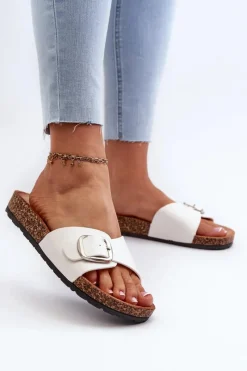 Sale Klapki Damskie Na Korkowej Platformie Z Klamrą Białe Moaxi Damskie Klapki Korkowe|Klapki Na Platformie