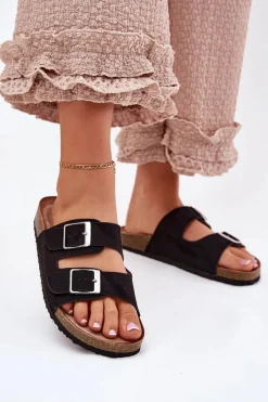 Sale Klapki Damskie Na Korkowej Platformie Klamry Czarne Evisolla Damskie Klapki Korkowe|Klapki Na Platformie