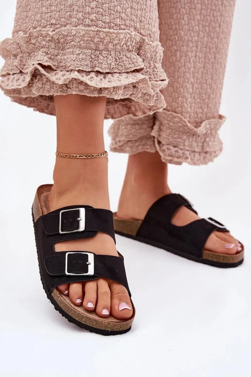 Sale Klapki Damskie Na Korkowej Platformie Klamry Czarne Evisolla Damskie Klapki Korkowe|Klapki Na Platformie