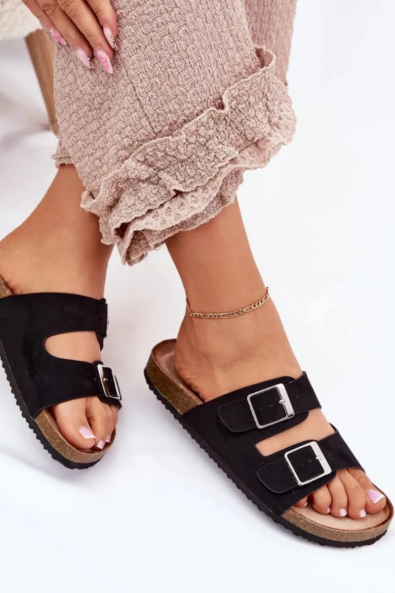 Sale Klapki Damskie Na Korkowej Platformie Klamry Czarne Evisolla Damskie Klapki Korkowe|Klapki Na Platformie