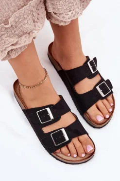 Sale Klapki Damskie Na Korkowej Platformie Klamry Czarne Evisolla Damskie Klapki Korkowe|Klapki Na Platformie