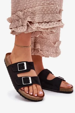 Sale Klapki Damskie Na Korkowej Platformie Klamry Czarne Evisolla Damskie Klapki Korkowe|Klapki Na Platformie