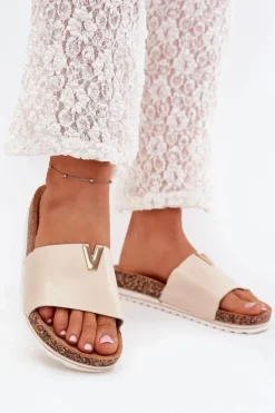 Outlet Klapki Damskie Na Korkowej Platformie Z Ozdobnym Detalem Beżowe Vessira Damskie Klapki Korkowe|Klapki Na Platformie