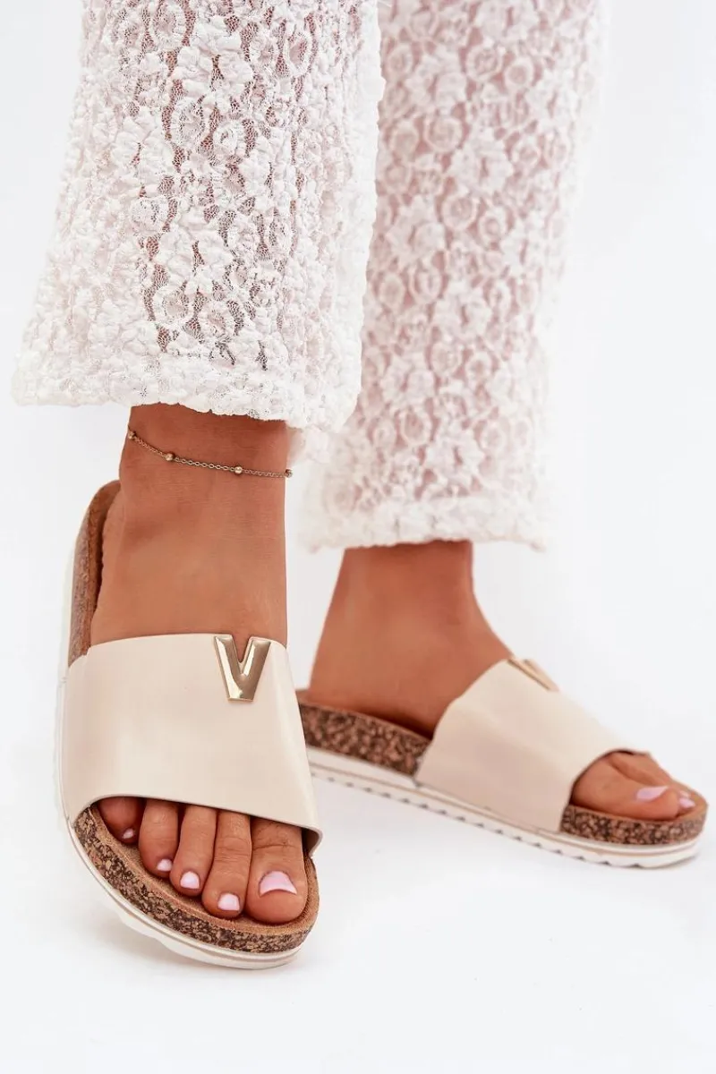 Outlet Klapki Damskie Na Korkowej Platformie Z Ozdobnym Detalem Beżowe Vessira Damskie Klapki Korkowe|Klapki Na Platformie