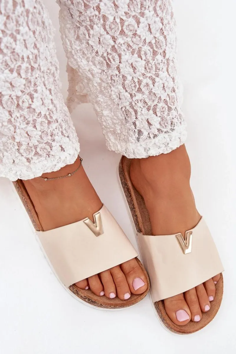Outlet Klapki Damskie Na Korkowej Platformie Z Ozdobnym Detalem Beżowe Vessira Damskie Klapki Korkowe|Klapki Na Platformie