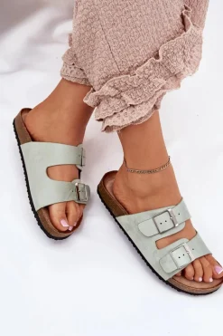 Discount Boto Klapki Damskie Na Korkowej Platformie Klamry Miętowe Evisolla