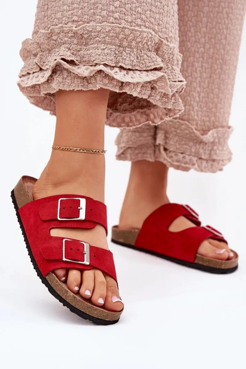 Boto Klapki Damskie Na Korkowej Platformie Klamry Czerwone Evisolla