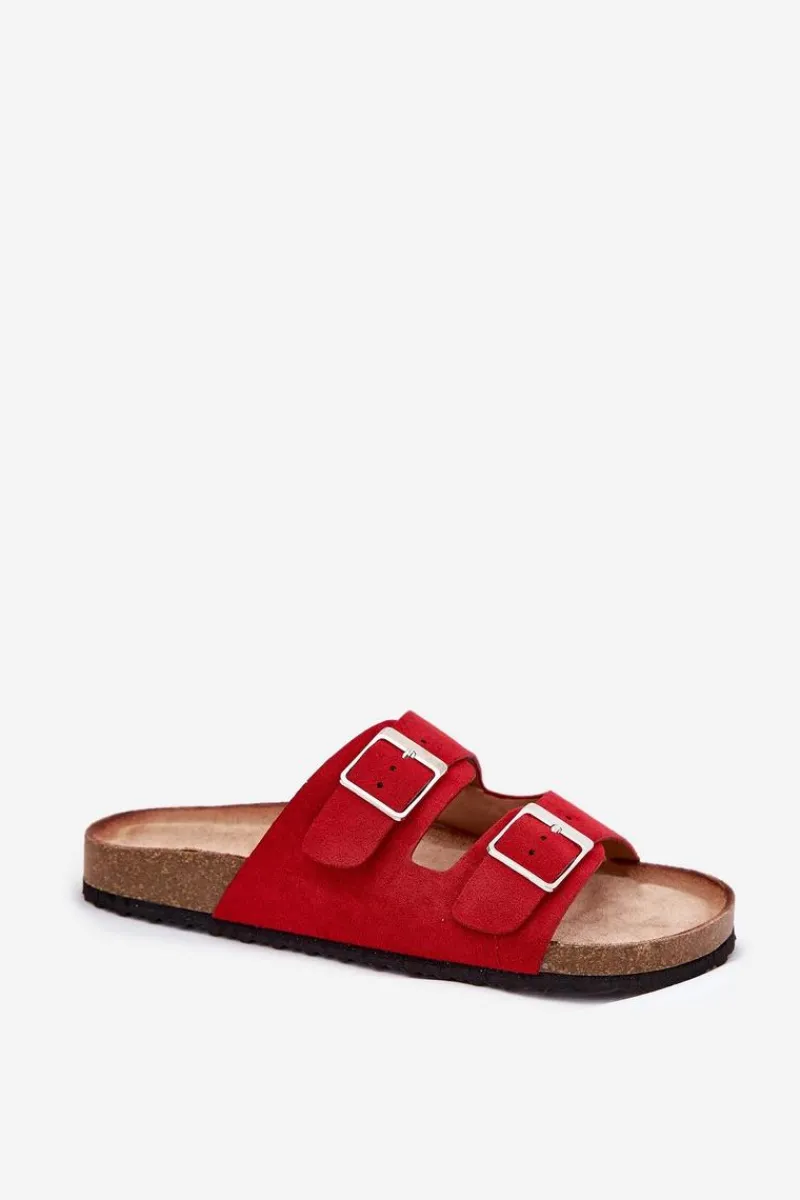 Boto Klapki Damskie Na Korkowej Platformie Klamry Czerwone Evisolla