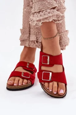 Boto Klapki Damskie Na Korkowej Platformie Klamry Czerwone Evisolla