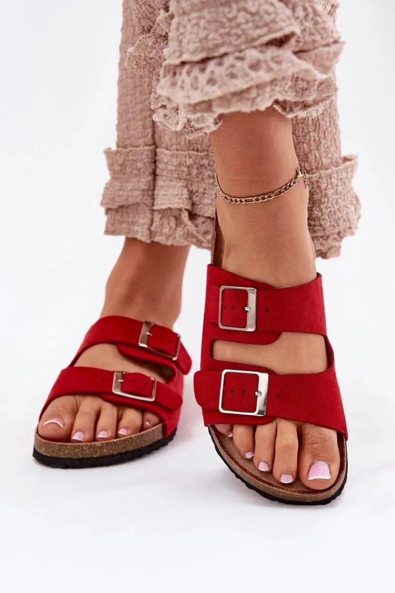 Boto Klapki Damskie Na Korkowej Platformie Klamry Czerwone Evisolla