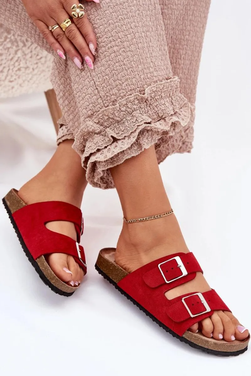 Boto Klapki Damskie Na Korkowej Platformie Klamry Czerwone Evisolla