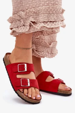 Boto Klapki Damskie Na Korkowej Platformie Klamry Czerwone Evisolla