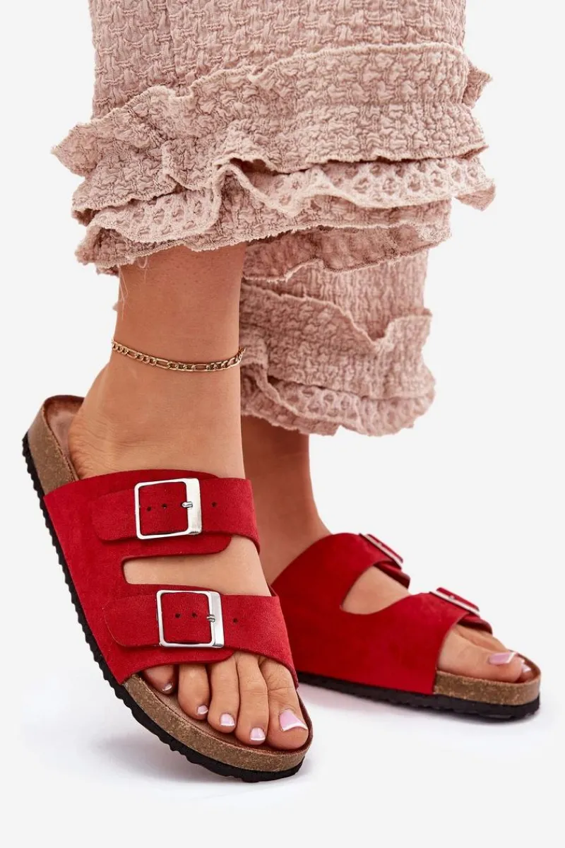 Boto Klapki Damskie Na Korkowej Platformie Klamry Czerwone Evisolla