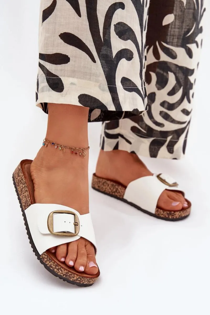 Outlet Klapki Damskie Na Korkowej Platformie Z Klamrą Białe Vianara Damskie Klapki Korkowe|Klapki Na Platformie