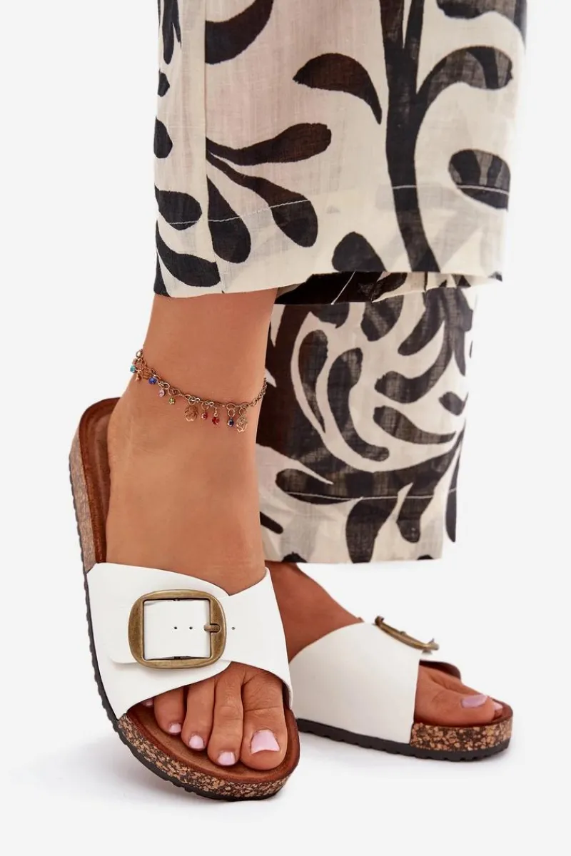 Outlet Klapki Damskie Na Korkowej Platformie Z Klamrą Białe Vianara Damskie Klapki Korkowe|Klapki Na Platformie