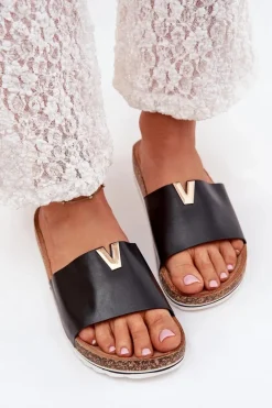 Klapki Damskie Na Korkowej Platformie Z Ozdobnym Detalem Czarne Vessira Damskie Klapki Korkowe|Klapki Na Platformie