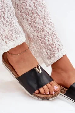 Klapki Damskie Na Korkowej Platformie Z Ozdobnym Detalem Czarne Vessira Damskie Klapki Korkowe|Klapki Na Platformie