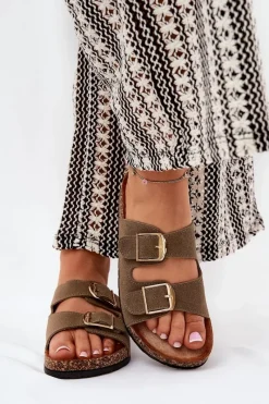 Sale Klapki Damskie Na Korkowej Platformie Ze Złotymi Klamrami Zielone Lisavionea Damskie Klapki Korkowe|Klapki Damskie Klasyczne