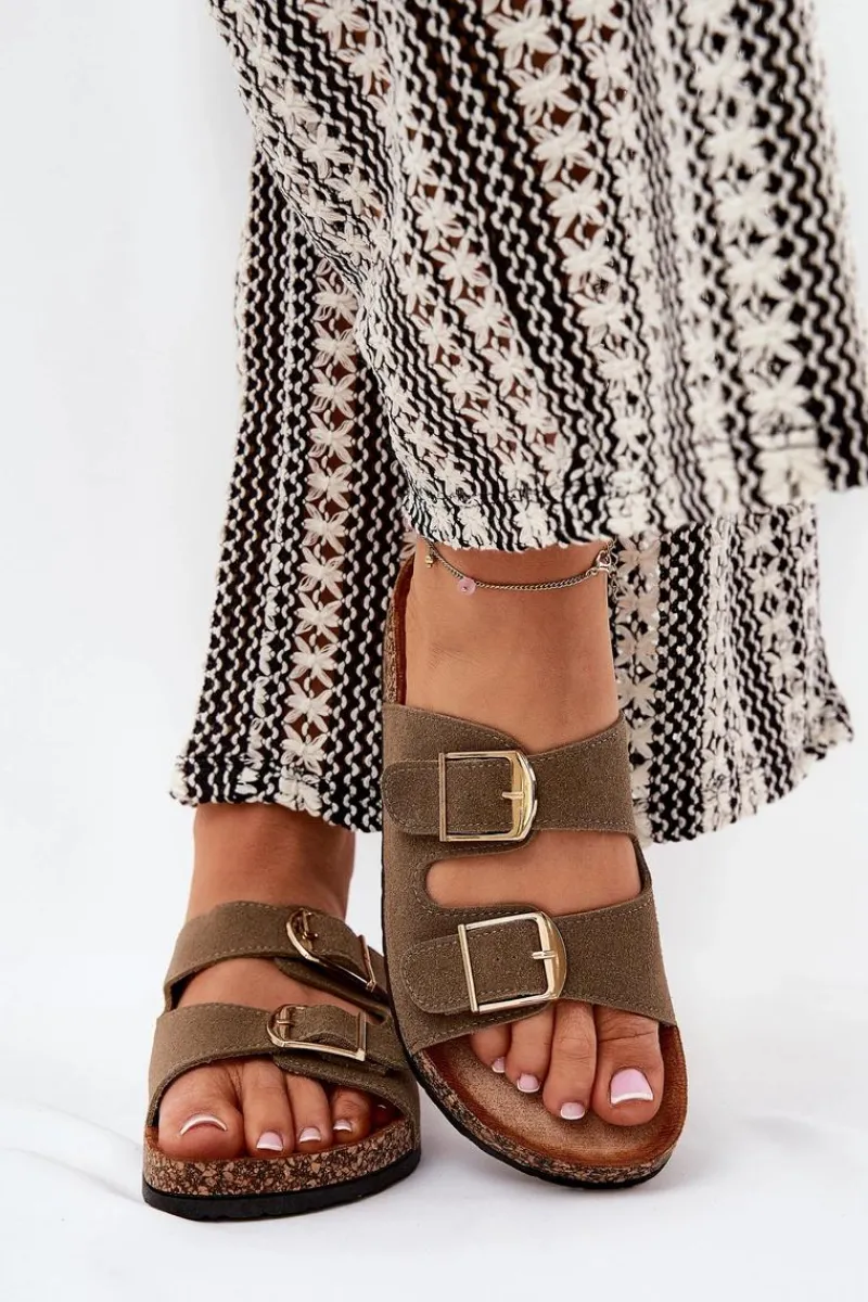 Sale Klapki Damskie Na Korkowej Platformie Ze Złotymi Klamrami Zielone Lisavionea Damskie Klapki Korkowe|Klapki Damskie Klasyczne