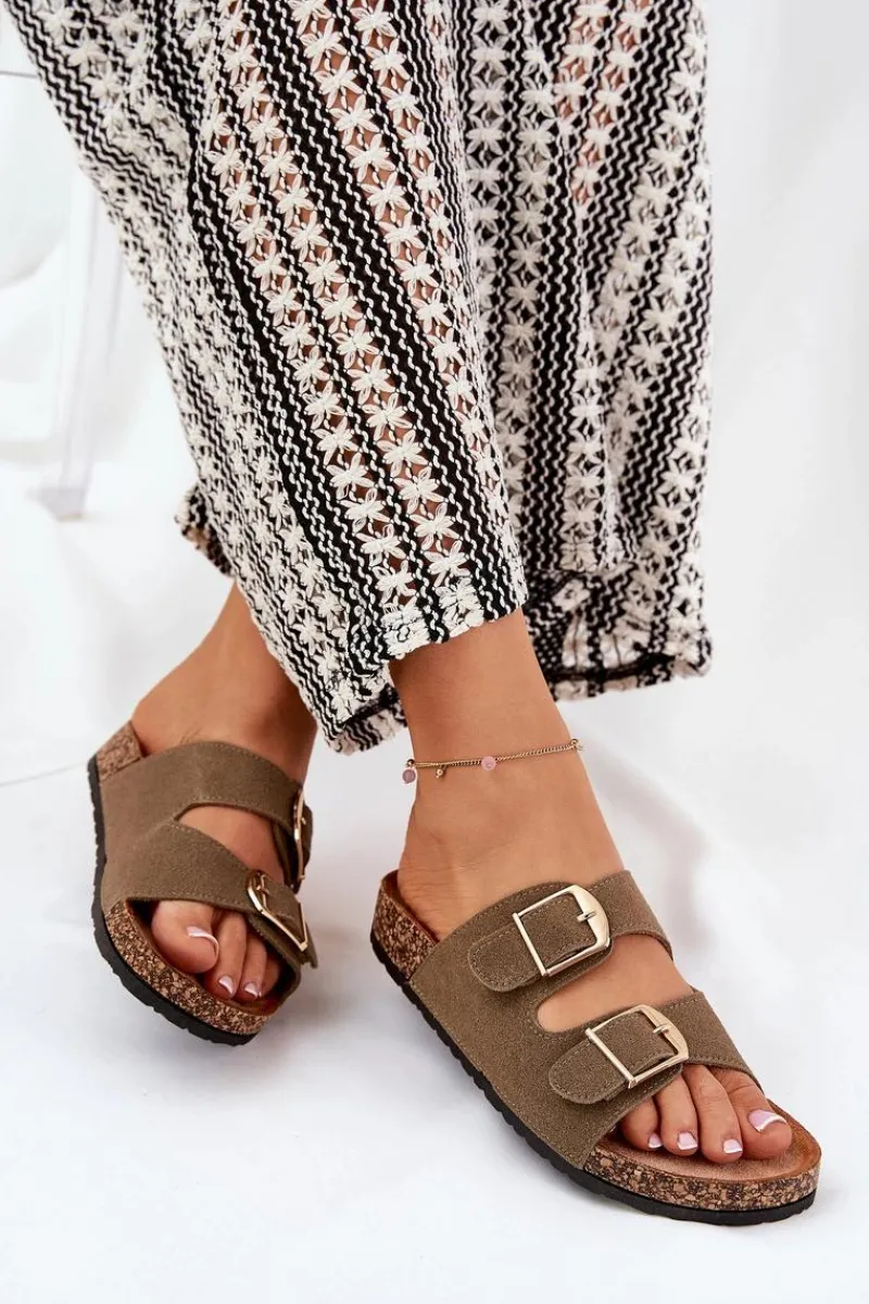 Sale Klapki Damskie Na Korkowej Platformie Ze Złotymi Klamrami Zielone Lisavionea Damskie Klapki Korkowe|Klapki Damskie Klasyczne