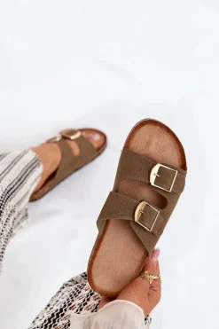 Sale Klapki Damskie Na Korkowej Platformie Ze Złotymi Klamrami Zielone Lisavionea Damskie Klapki Korkowe|Klapki Damskie Klasyczne