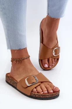 Outlet Klapki Damskie Na Korkowej Platformie Z Klamrą Brązowe Moaxi Damskie Klapki Korkowe|Klapki Na Platformie