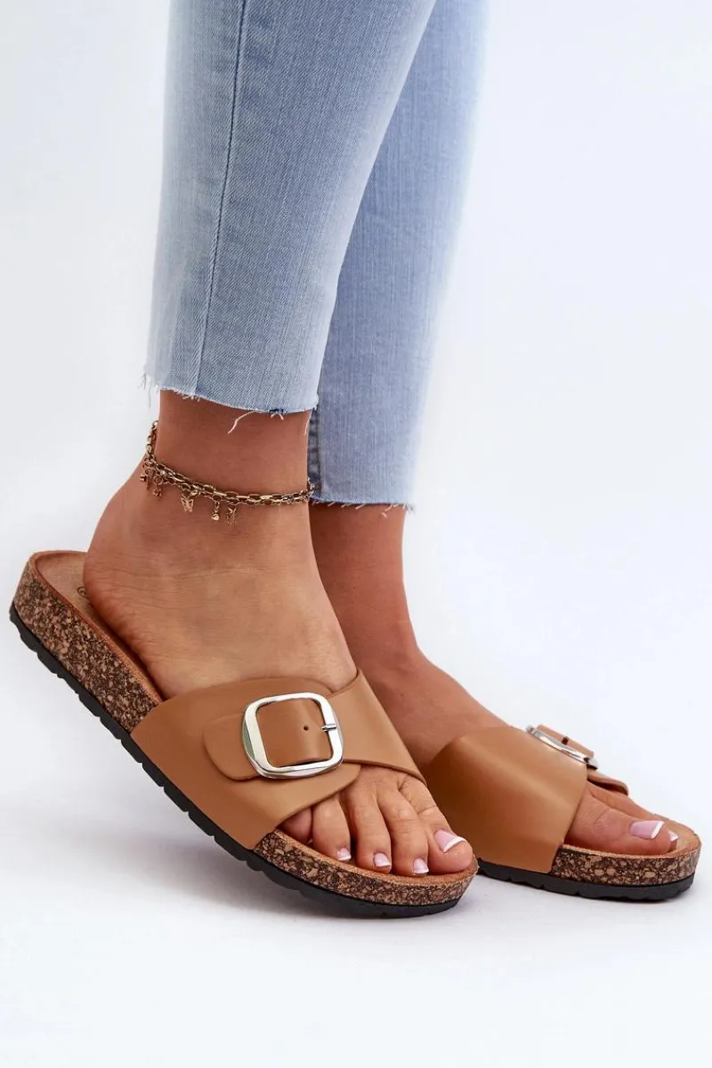 Outlet Klapki Damskie Na Korkowej Platformie Z Klamrą Brązowe Moaxi Damskie Klapki Korkowe|Klapki Na Platformie