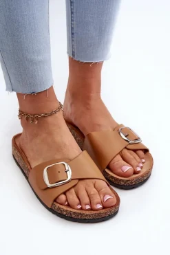 Outlet Klapki Damskie Na Korkowej Platformie Z Klamrą Brązowe Moaxi Damskie Klapki Korkowe|Klapki Na Platformie