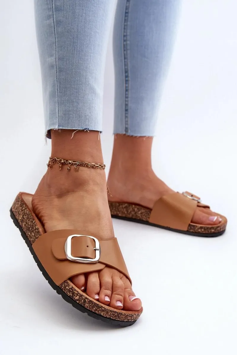 Outlet Klapki Damskie Na Korkowej Platformie Z Klamrą Brązowe Moaxi Damskie Klapki Korkowe|Klapki Na Platformie