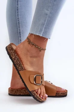 Outlet Klapki Damskie Na Korkowej Platformie Z Klamrą Brązowe Moaxi Damskie Klapki Korkowe|Klapki Na Platformie