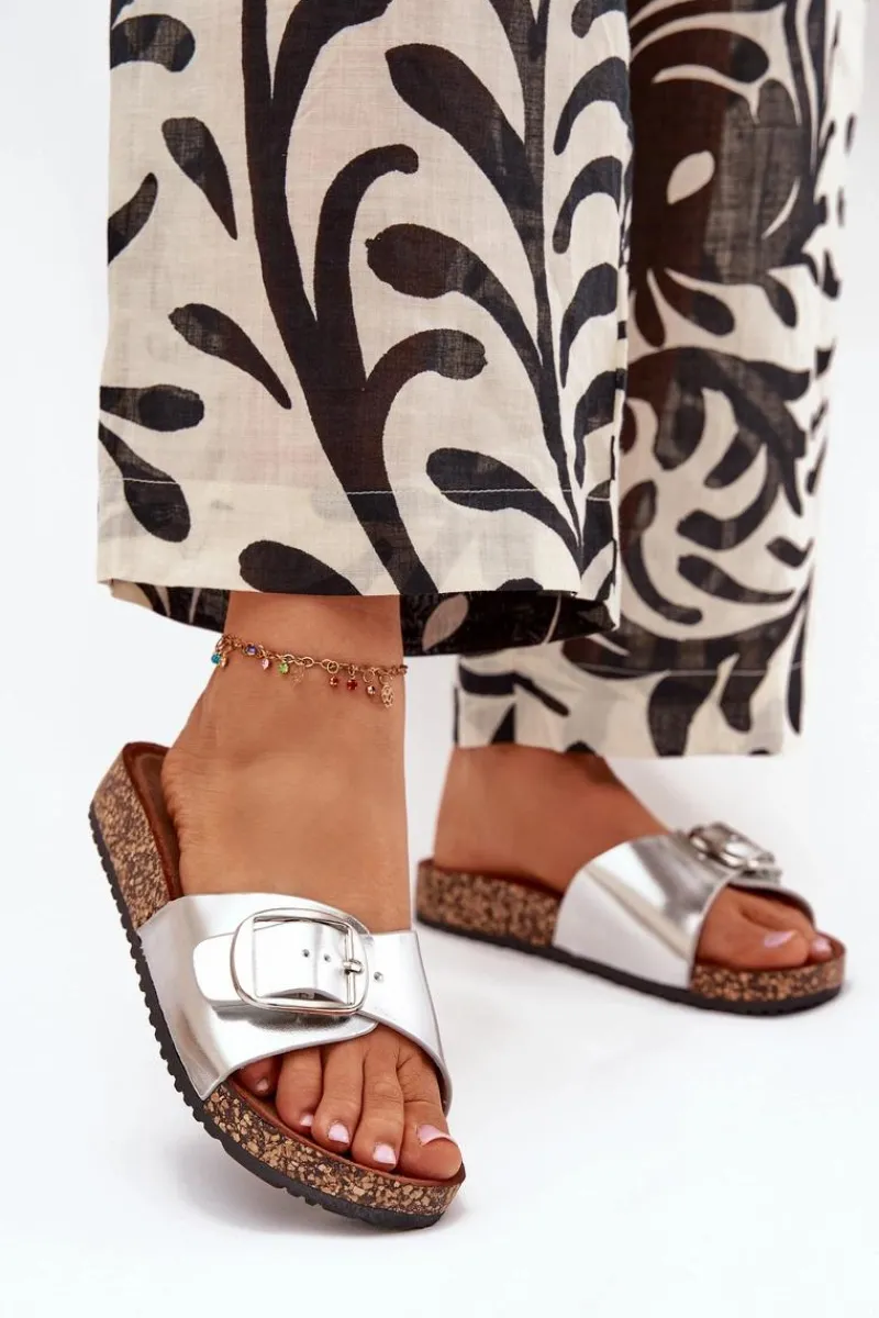 Discount Klapki Damskie Na Korkowej Platformie Z Klamrą Srebrne Vianara Damskie Klapki Korkowe|Klapki Na Platformie