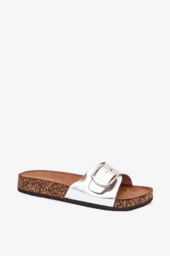 Discount Klapki Damskie Na Korkowej Platformie Z Klamrą Srebrne Vianara Damskie Klapki Korkowe|Klapki Na Platformie