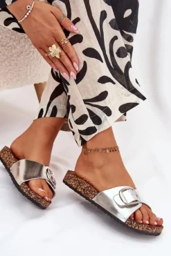 Discount Klapki Damskie Na Korkowej Platformie Z Klamrą Srebrne Vianara Damskie Klapki Korkowe|Klapki Na Platformie