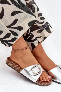 Discount Klapki Damskie Na Korkowej Platformie Z Klamrą Srebrne Vianara Damskie Klapki Korkowe|Klapki Na Platformie