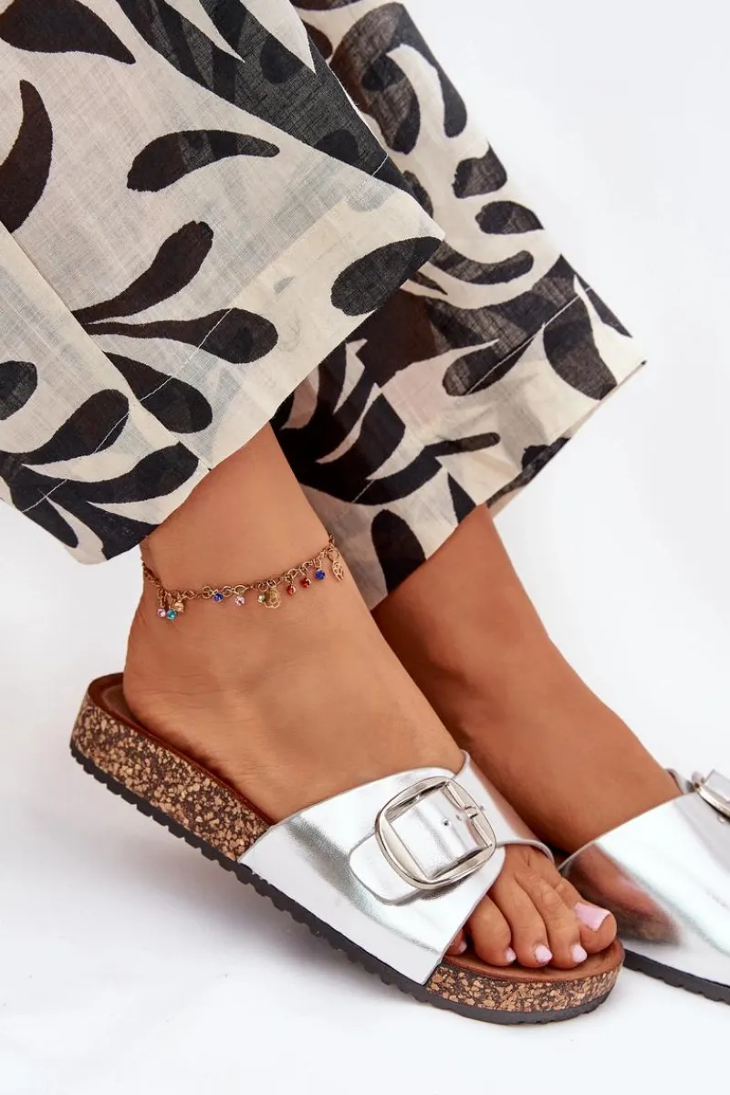 Discount Klapki Damskie Na Korkowej Platformie Z Klamrą Srebrne Vianara Damskie Klapki Korkowe|Klapki Na Platformie