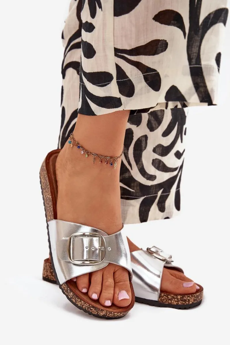 Discount Klapki Damskie Na Korkowej Platformie Z Klamrą Srebrne Vianara Damskie Klapki Korkowe|Klapki Na Platformie