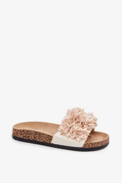 Hot Boto Klapki Damskie Na Korkowej Podeszwie Z Ozdobnymi Kwiatkami Beżowe Seleneza