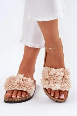 Hot Boto Klapki Damskie Na Korkowej Podeszwie Z Ozdobnymi Kwiatkami Beżowe Seleneza