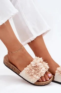 Hot Boto Klapki Damskie Na Korkowej Podeszwie Z Ozdobnymi Kwiatkami Beżowe Seleneza